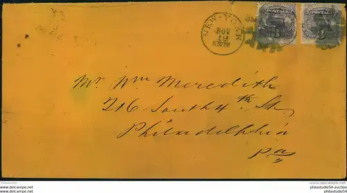 1869, letter with 2 copies of 3 Cent. Locomotive sent  from NEW YORK to Philadelphia.