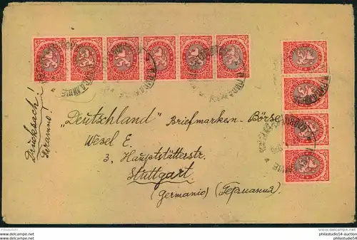 1926, Drucksache mit 10-mal 10 St. Wappenlöwe im 6-er und 3-er-Streifen, sent from PLOVDIV to Stuttgart.