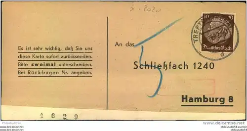 1942, Liebesgabenpaket-Empfangsbestätigung TREPTOW (REGA);  (RB Stettin)
