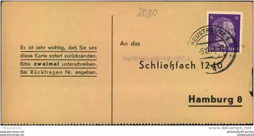 1942: MECKLENBURG-VORPOMMERN - NEUSTRELITZ; Liebesgabenpaket Empfangsbestätigung