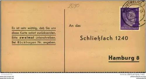 1942: MECKLENBURG-VORPOMMERN - NEUSTRELITZ; Liebesgabenpaket Empfangsbestätigung