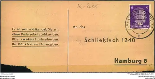 1943, BRANDENBURG, BECHLIN (MÜRITZ); Liebesgaben-Paket Empfangsbestätigung,