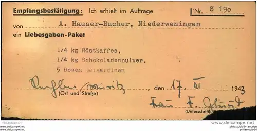 1943, BRANDENBURG, BECHLIN (MÜRITZ); Liebesgaben-Paket Empfangsbestätigung,