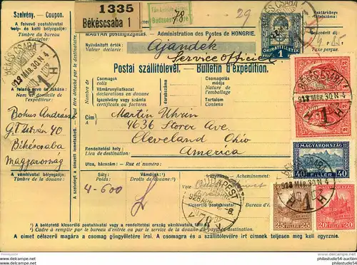 1928, high franked parcel card from BEKESCZABA to Cleveland, Ohio, USA