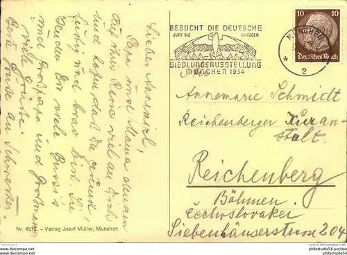 1934, 10 Pfg. Hindenburg Wz. 2 auf Postkarte mit Maschinenwerbestempel MÜNCHEN 13.6.34. Zum Sondertarif nach Reichenberg