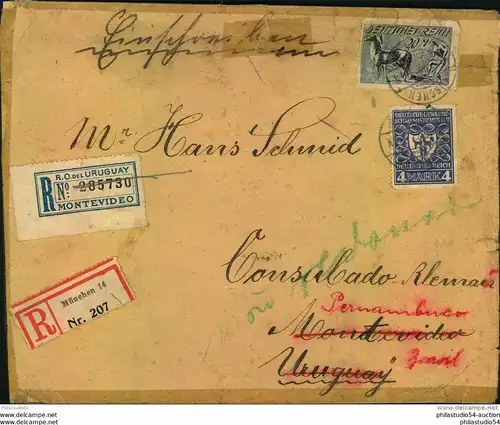1923, R-Brief ab MÜNCHEN an das Deutsche Konsulat in Montevideo, nachgesandt nach Pernambuco, Brasilien. Selten.