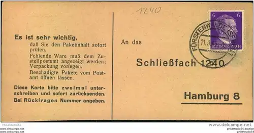1943, Liebesgabenpaket Empfangsbestätigung FÜRSTENWALDE (SPREE) - Heimat Brandenburg