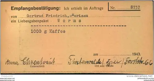 1943, Liebesgabenpaket Empfangsbestätigung FÜRSTENWALDE (SPREE) - Heimat Brandenburg