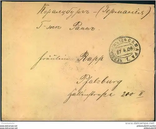 1909, Letter with T.P.O. TSCHELJABINSK-SAMARA sent to Pfalzburg