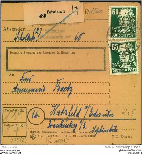 1953, Paketkartenstammteil, Köpfe,POTSDAM 4 - BRANDENBURG (Michel 110,-)