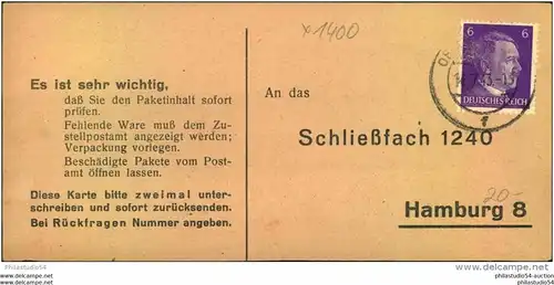 1943, Liebesgabenpaket Empfangsbestätigung ORANIENBURG- Brandenburg