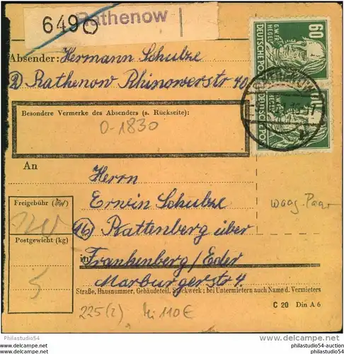 1951, Paketkarte mit waagerechtem Paar 60 Pfg. Köpfe I ab RATHENOW - Brandenburg