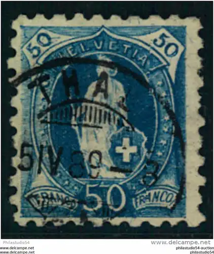 1882, 50 Rp. Stehende Helvetia mit seltener grober Zähnung (9 3/4:9 1/4) gestempelt THAL. Einige minimal verkürzte Zähne