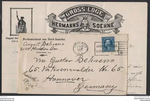 FREIMAURERTUM, Free Macons. 1922, Brief mit dekoratibem Inhalt vom ""Freidenkerverbund von Nord-Amerika"", Briefkopf ""