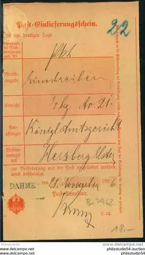1896, Postschein mit L1 DAHME, Brandenburg