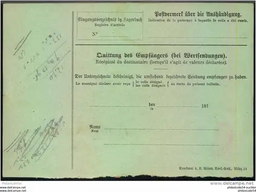 1913, 50 Pfg. Germania Friedensdruck (91 I) im senkrechten Paar auf Paketkarte ab WALDSEE in die Schweiz.