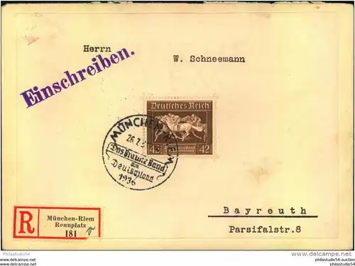 1936, Einschreiben mit Braunes Band-Block (Bl.4) als EF mit Sonder-R-Zettel MÜNCHEN-RIEM