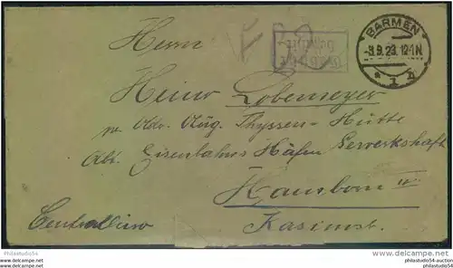 1923, "Gebühr bezahlt" ab BARMEN 3.9.23 an Aug. Thyssen Hütte in Hamborn
