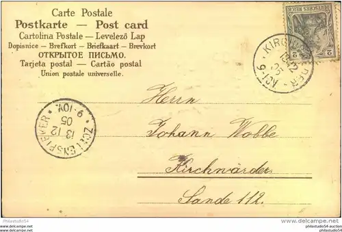 1905, Postkarte von KIRCHWÄRDER nach ZOLLENSPIEKER (Hamburg)