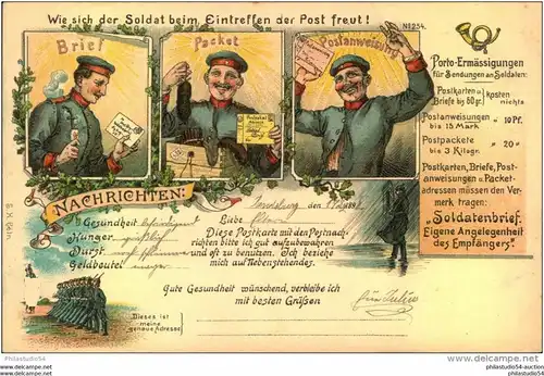 Soldatenkarte/ Soldatenbrief, Nachrichten lustig dargestellt , leider Eckbug u. li. , evtl. im Umschlag übergeben