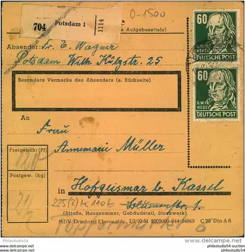 1953, 60 Pfg. Köpfe in MeF aus Paketkarte POTSDAM 1 - Brandenburg (Mi billigst 120,-)