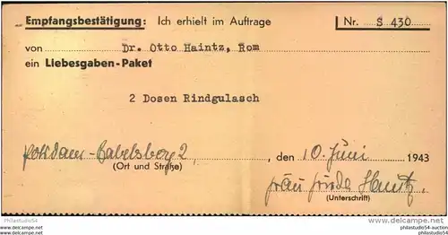 Brandenburg : 1943, Liebesgabenpaket Empfangsbestätigung POTSDAM-BABELSBERG 2