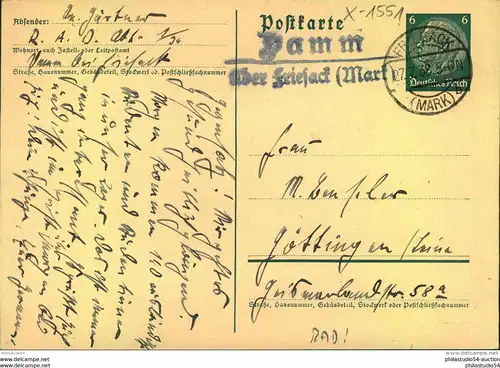 1938, Ganzsachenkarte mit Posthilfsstellenstempel ""Damm über Friesack (Mark)"". Absender Reichsarbeitsdienst.