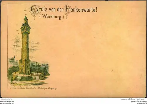 1896, Gruß  von der Frankenwarte (Würzburg) , Lithogr. Anstalt von Hans Mugler's Nachfolger, gestempelt, ungebraucht