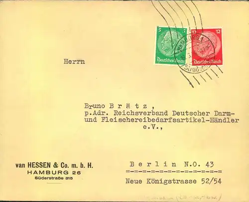 1936, Brief mit Aufgabe "HAMBURG 1 STRASSENBAHN" und seltener 17 Pfg. Frankatur nach Berlin