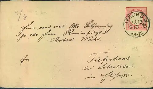 1875, 1 Groschen Umschlag großer Brustschild sehr spät verwendet "BERLIN S.W. P.A.13-2.10.75"
