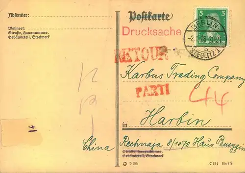 1930, INCOMING MAIL, commercial preited matter card from Berlin to HARBIN returned.