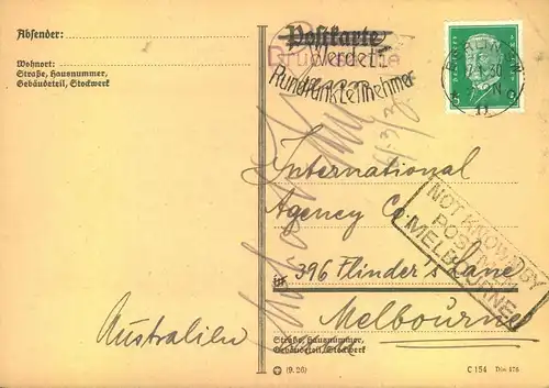 1930, Firmendrucksachenkarte ab BERLIN SW11 nach Melbourne und zurück