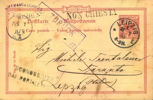 1890, 10 Pfg. Ganzsachenkarte abLEIPZIG nach Taranto, Italien und zurück