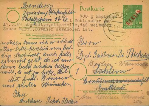 1949, Ganzsache 10 Pfg. Rotaufdruck als Ortskarte gebraucht