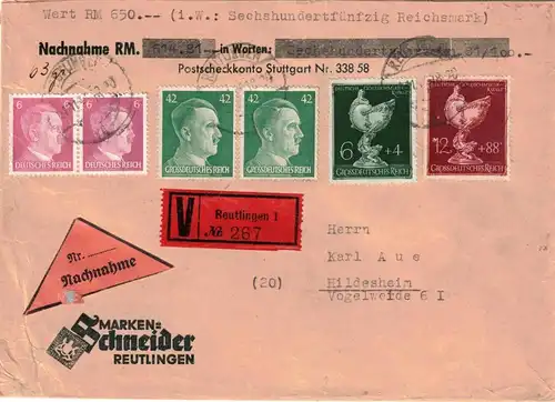 1941,Wertbrief per Nachnahme über 650,- RM ab REUTLINGEN