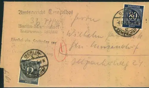 1947, Orts-Zustellung mit 92 Pfg. Ziffernfrankatur BERLIN-TEMPELHOF