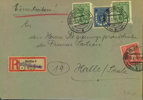 1946, Einschreiben ab BERLIN-FROHNAU mit überstempeltem R-Zettel von Berlin 5
