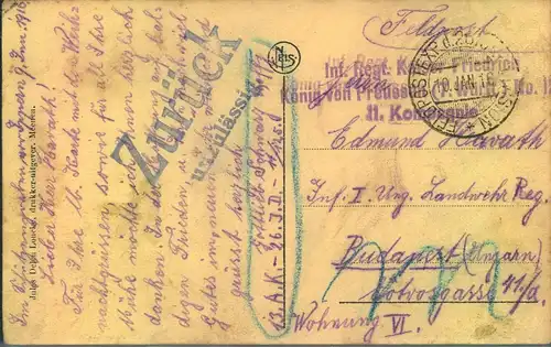 1916, Postkarte per Feldpost "Zurück unzulässig" weil Ansichten verboten