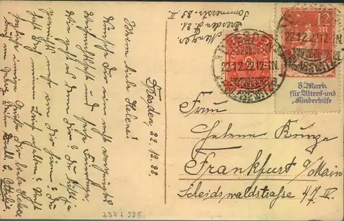1922, 12+8 M. Alters- und Kinderhilfe und 3 M. Zusatz auf Postkarte ab DRESDEN-BLASEWITZ