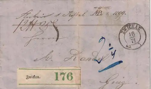 1863, Paketbegleitbrief ab ZWICKAU mit handschriftlicher Taxe "2 1/4"