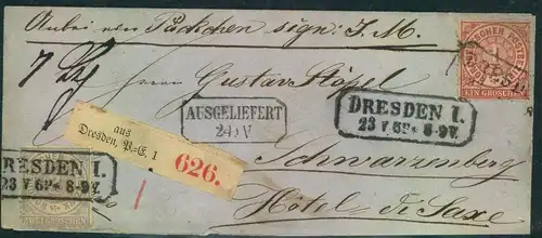 1868, Paketbegelitung ab DRESDEN 1 nach Schwarzenberg