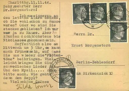 1944, Ortspostkarte ab "BERLIN-CHARLOTTENBURG 2w" mit 5-mal 1 Pfg. Hitler.