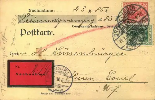 1907, Nachnahmekarte der "Compagnie Laferme" Tabak- u. Cigarettenfabrik in Dresden.