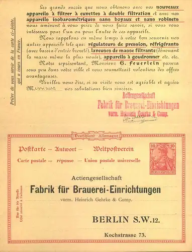 1902, 10 Pfg. Germania Reichspost Doppel-GSK (DV 1299) nach Santander, Spanien mit privatem Zudruck