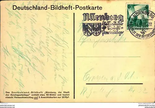 1936, Schwarz/weißkarte ""Die Zeppelinwiese"" gelaufen mit SSt zum Reichsparteitag in Nürnberg. Bedarfsmängel.