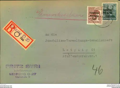 1948, Ortseinschreiben ab LEIPZIG O 27 mit Arbeiterfrankatur