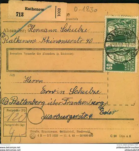 1952, Paketkarte mit waagerechtem Paar 60 Pfg. Köpfe I ab RATHENOW.