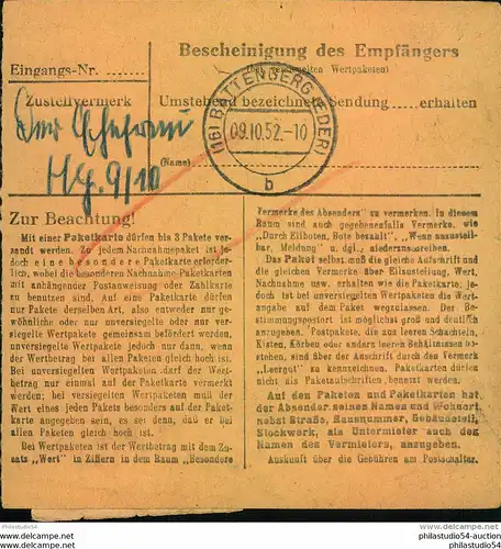 1952, Paketkarte mit waagerechtem Paar 60 Pfg. Köpfe I ab RATHENOW.