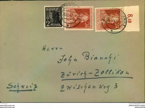 1947, Auslandsbrief ab KEMPTEN (ALLGÄU) 2 mit u.a. 24 Pfg. Stephan mit Plattenfehler II.