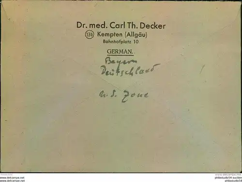 1947, Auslandsbrief ab KEMPTEN (ALLGÄU) 2 mit u.a. 24 Pfg. Stephan mit Plattenfehler II.